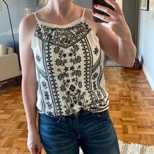 Embroidered white and black halter top